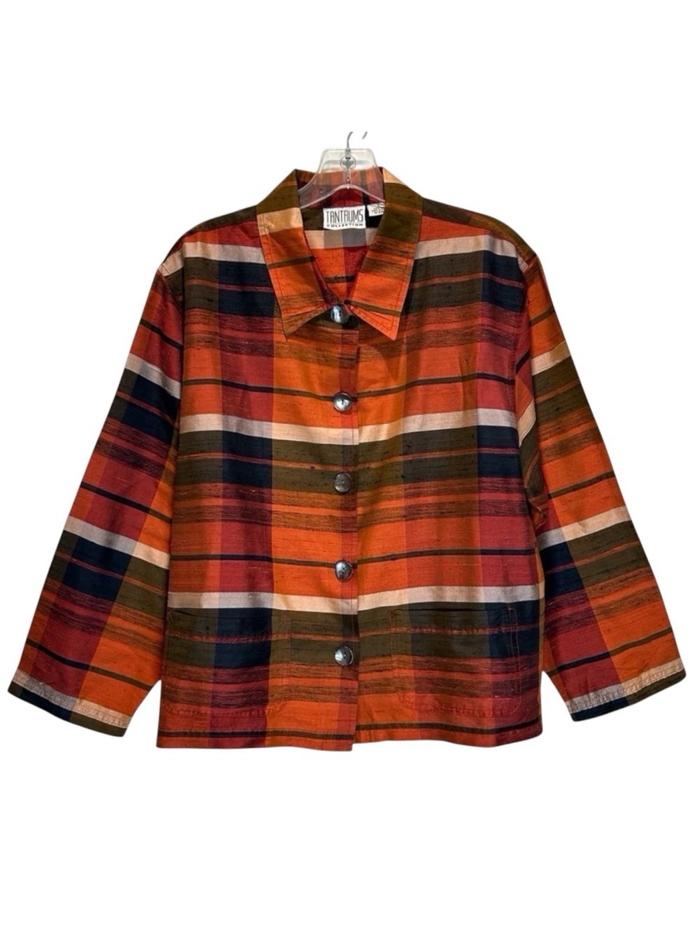 Orange & Brown Plaid Raw Silk Button-Up Top - Large